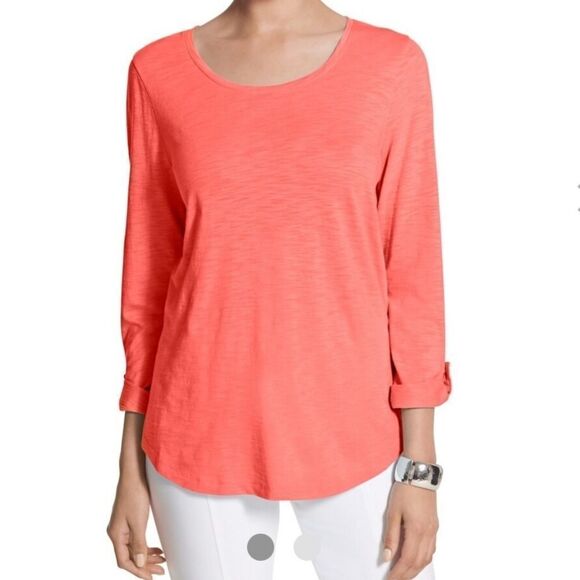 Chico's Ultimate Tee Revi Roll-Tab Slub Knit Top Party Punch Women's Coral Shirt - Picture 2 of 9